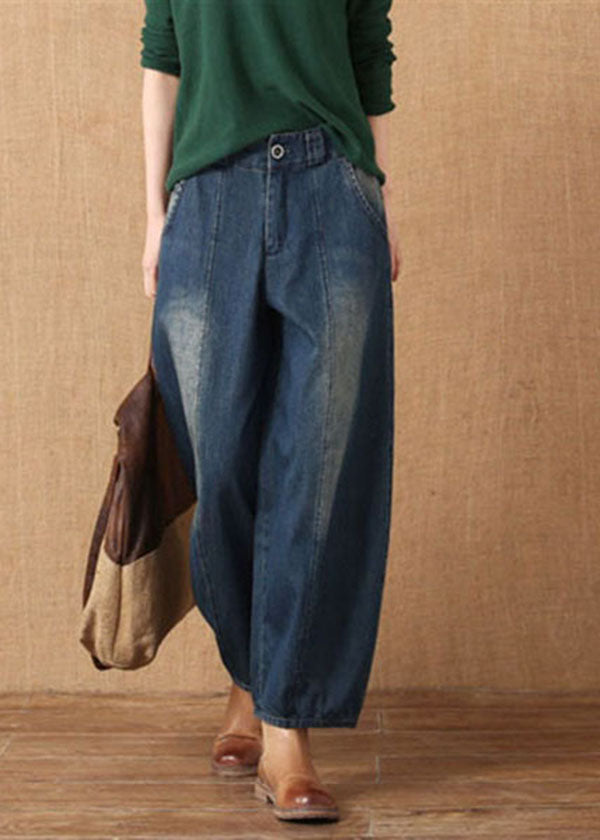 Denim Blue High Waist Pockets Patchwork Cotton Harem Pants