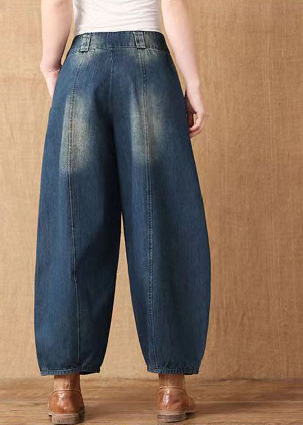 Pantalones harén de algodón con parches y bolsillos de cintura alta de color azul denim