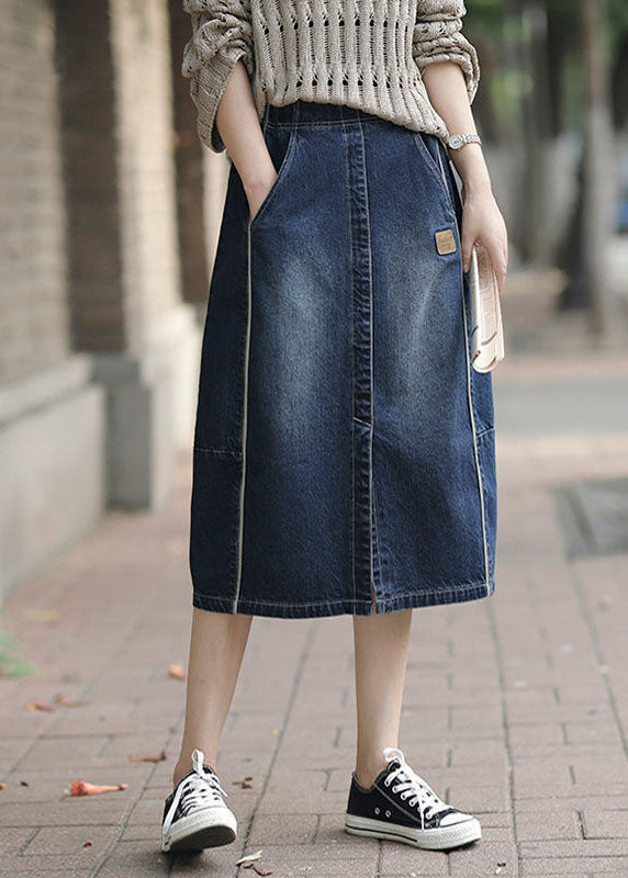 Denim Blue High Waist Pockets Patchwork Side Open Cotton Skirts