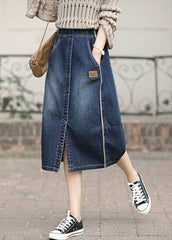 Denim Blue High Waist Pockets Patchwork Side Open Cotton Skirts