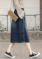 Denim Blue High Waist Pockets Patchwork Side Open Cotton Skirts