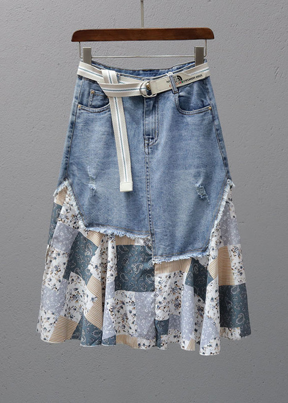 Denim Blue Print Patchwork High Waist Maxi Skirt