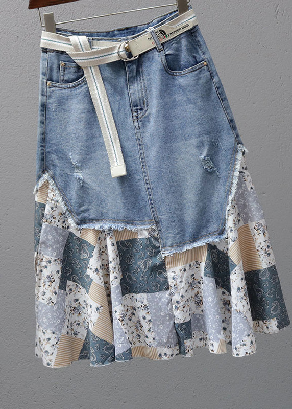 Denim Blue Print Patchwork High Waist Maxi Skirt