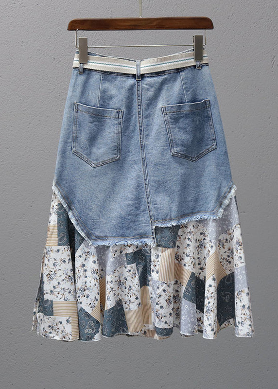 Denim Blue Print Patchwork High Waist Maxi Skirt