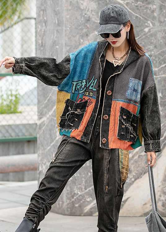 Denim Loose Patchwork Print Pockets Fall Long Sleeve Coat