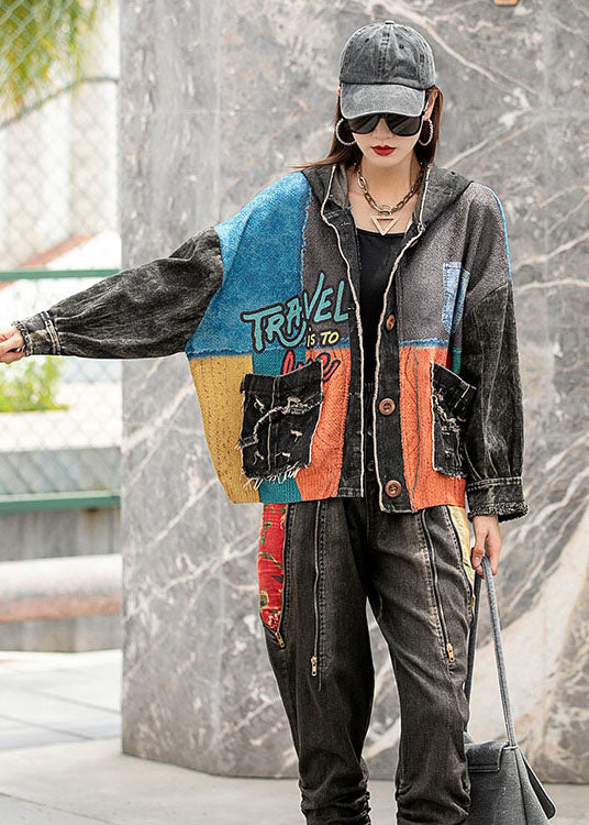 Denim Loose Patchwork Print Pockets Fall Long Sleeve Coat