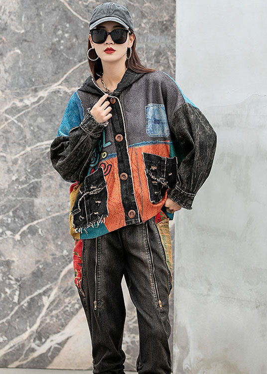 Denim Loose Patchwork Print Pockets Fall Long Sleeve Coat