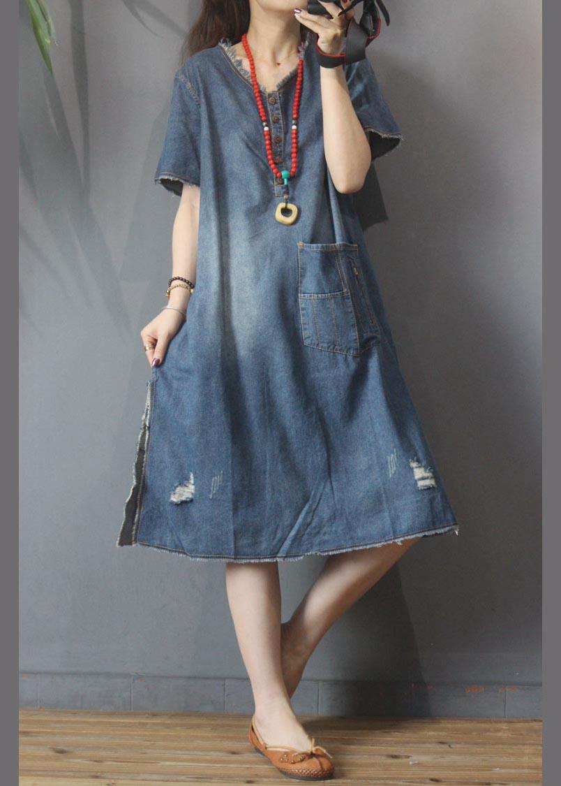 Denim V Neck side open Dress