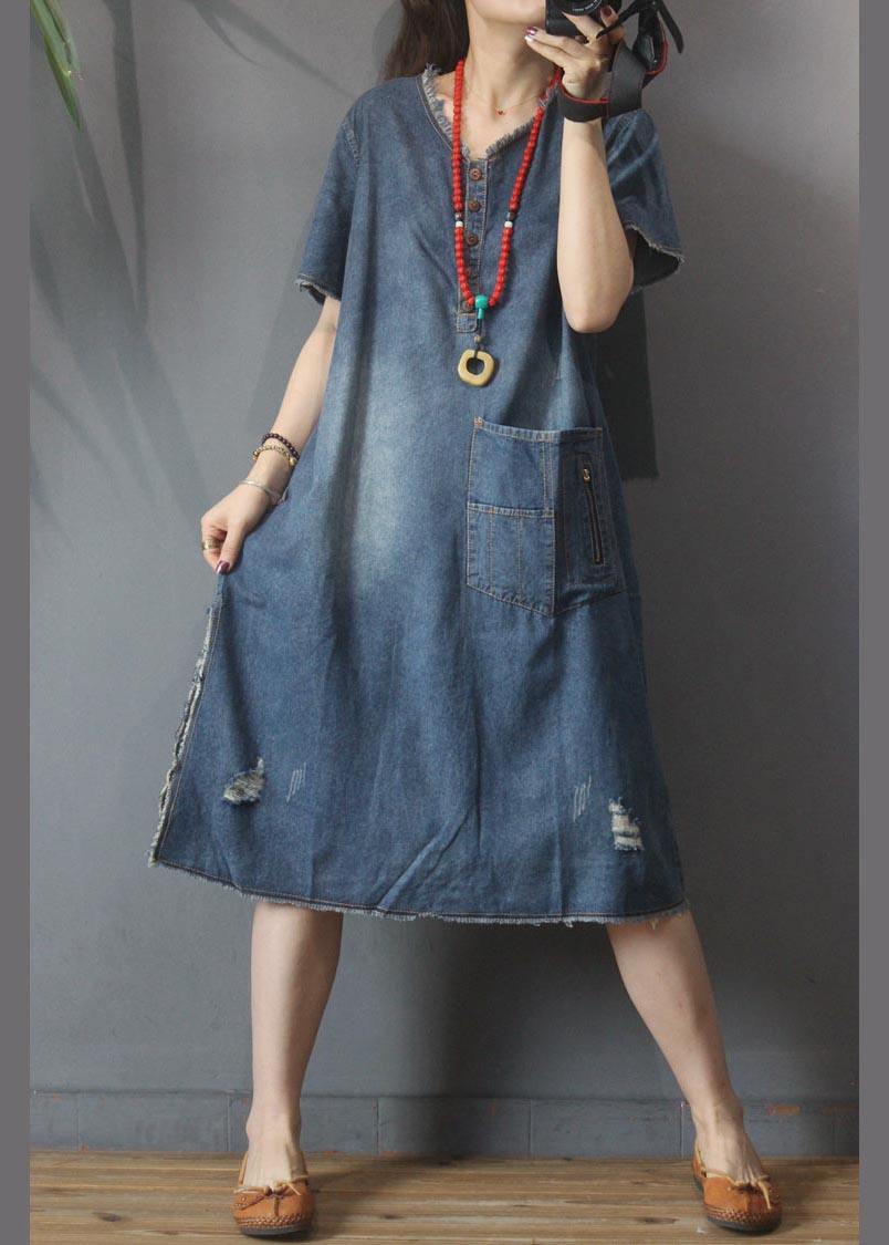 Denim V Neck side open Dress