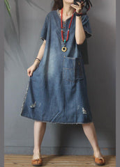 Denim V Neck side open Dress