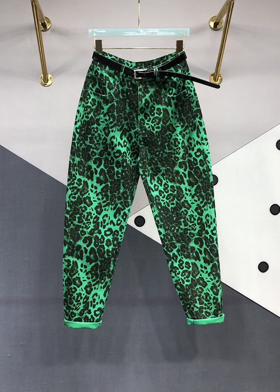 Green Leopard Pockets Patchwork Denim Pants Fall