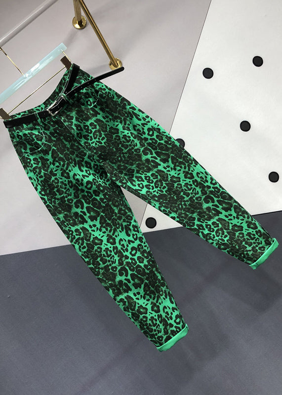 Green Leopard Pockets Patchwork Denim Pants Fall