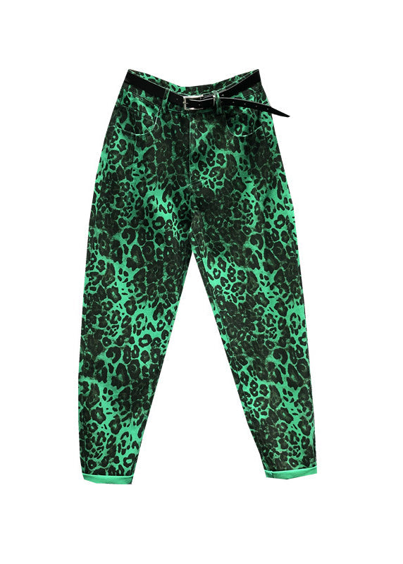 Green Leopard Pockets Patchwork Denim Pants Fall