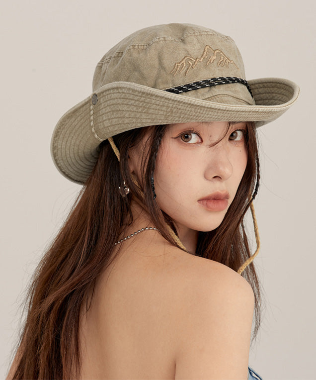 Khaki Print Patchwork Drawstring Denim Floppy Sun Hat