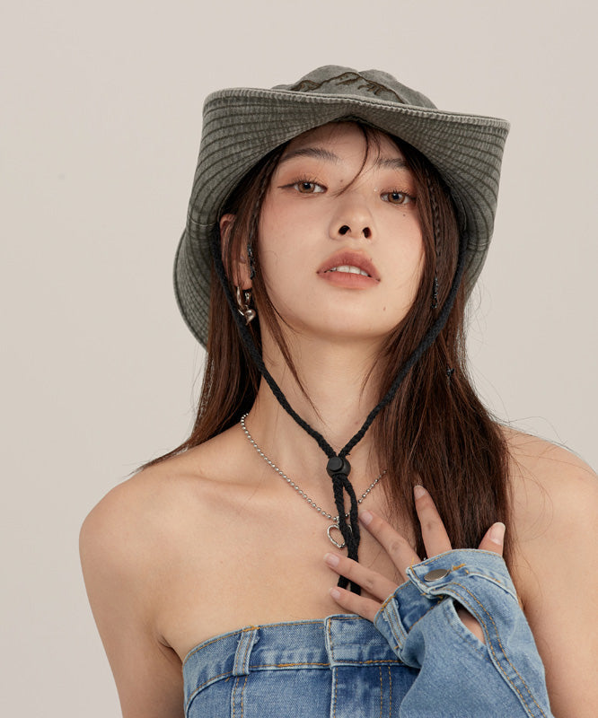 Khaki Print Patchwork Drawstring Denim Floppy Sun Hat