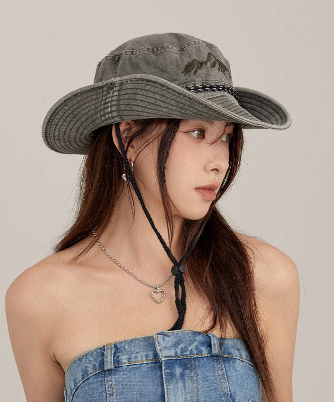 Khaki Print Patchwork Drawstring Denim Floppy Sun Hat