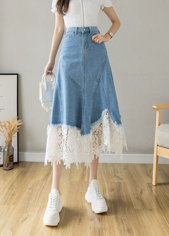 Light Blue Asymmetrical Design Lace Patchwork Denim Skirt