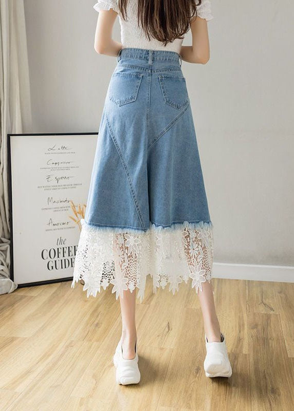 Light Blue Asymmetrical Design Lace Patchwork Denim Skirt