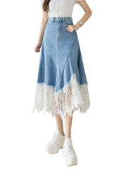 Light Blue Asymmetrical Design Lace Patchwork Denim Skirt