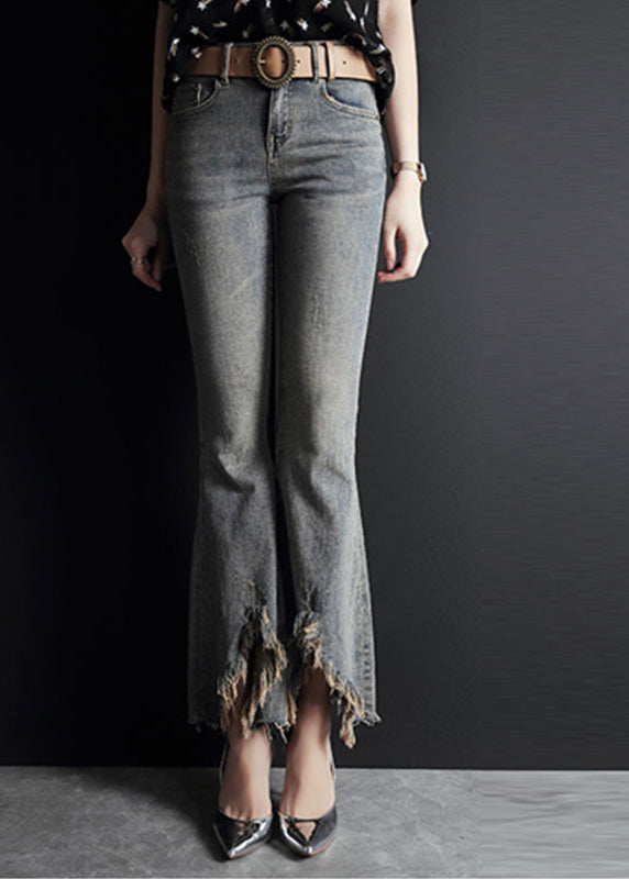 Light Blue Asymmetrical Pockets Cotton Denim Flare Pants