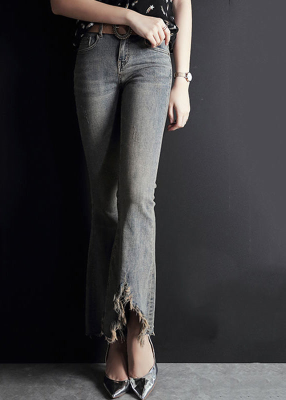 Light Blue Asymmetrical Pockets Cotton Denim Flare Pants