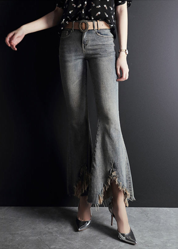 Light Blue Asymmetrical Pockets Cotton Denim Flare Pants