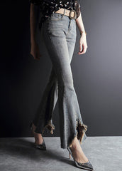 Light Blue Asymmetrical Pockets Cotton Denim Flare Pants