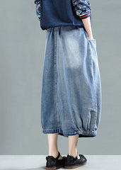 Light Blue Elastic Waist Pockets Cotton Denim Skirt