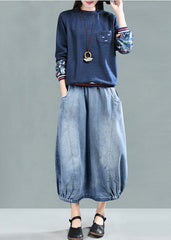 Light Blue Elastic Waist Pockets Cotton Denim Skirt