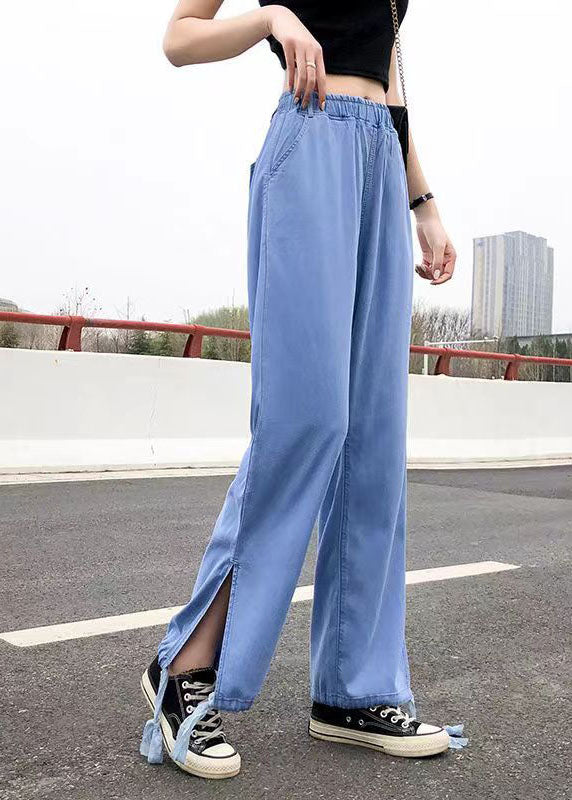 Light Blue Elastic Waist Side Open Drawstring Cotton Denim Pants