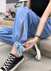 Light Blue Elastic Waist Side Open Drawstring Cotton Denim Pants