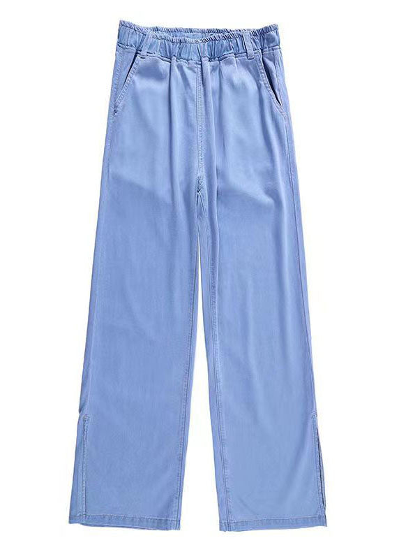 Light Blue Elastic Waist Side Open Drawstring Cotton Denim Pants