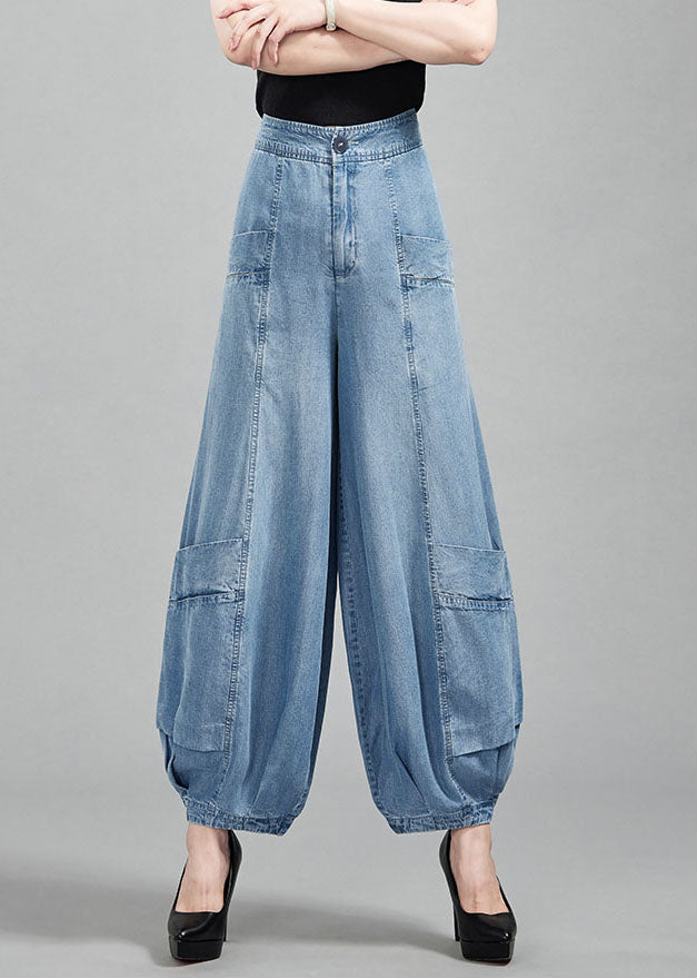 Light Blue High Waist Pockets Cotton Denim Lantern Pants