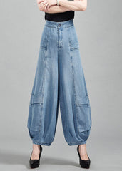 Light Blue High Waist Pockets Cotton Denim Lantern Pants