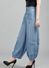 Light Blue High Waist Pockets Cotton Denim Lantern Pants