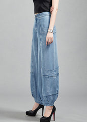 Light Blue High Waist Pockets Cotton Denim Lantern Pants