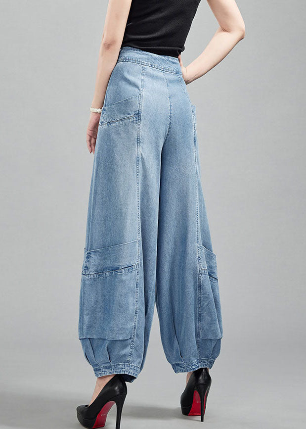 Hellblaue Laternenhose aus Baumwolldenim mit hoher Taille und Taschen