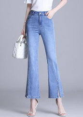 Light Blue High Waist Slim Pockets Side Open Cotton Denim Flare Pants