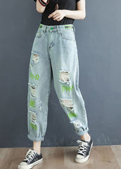 Light Blue Letter Embroideried Pockets Hole Cotton Denim Crop Pants