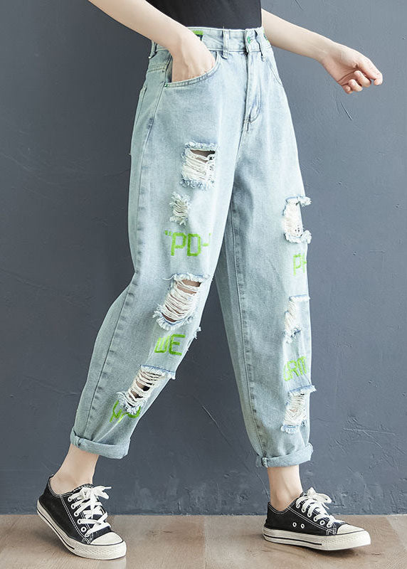 Light Blue Letter Embroideried Pockets Hole Cotton Denim Crop Pants