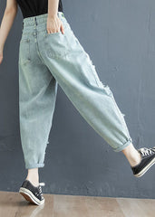 Light Blue Letter Embroideried Pockets Hole Cotton Denim Crop Pants