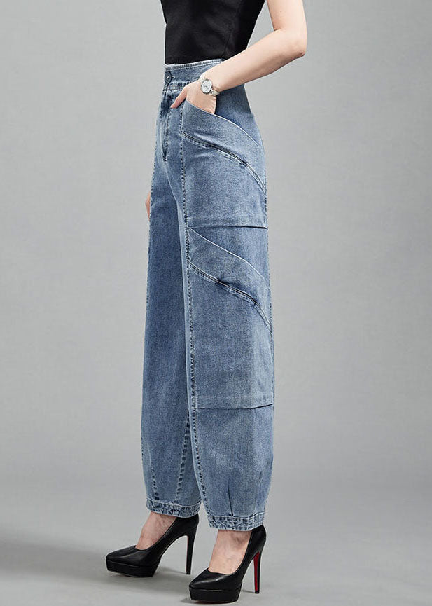 Light Blue Pockets Patchwork Cotton Denim Lantern Pants Trousers