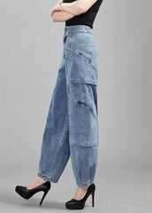 Light Blue Pockets Patchwork Cotton Denim Lantern Pants Trousers