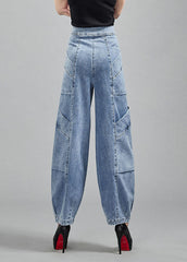 Light Blue Pockets Patchwork Cotton Denim Lantern Pants Trousers