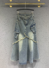 Light Blue Tasseled Pockets Patchwork Denim Skirt Fall