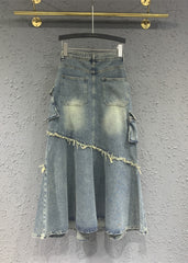 Light Blue Tasseled Pockets Patchwork Denim Skirt Fall