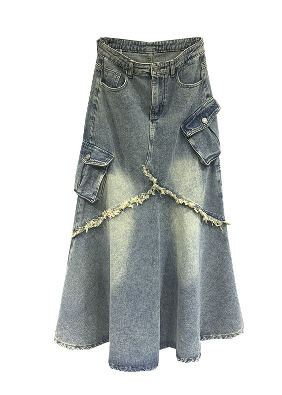 Light Blue Tasseled Pockets Patchwork Denim Skirt Fall