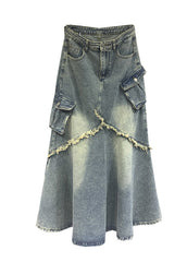 Light Blue Tasseled Pockets Patchwork Denim Skirt Fall