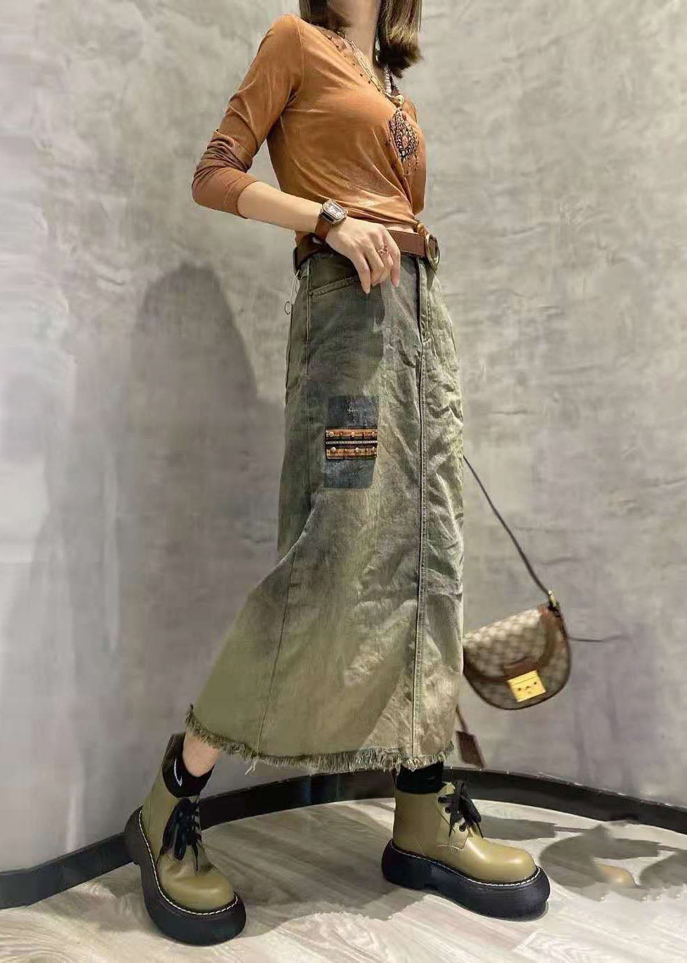 Photo Color Side Open Patchwork Tasseled Denim Skirt