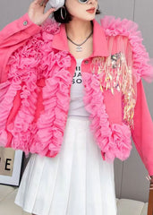 Pink Tulle Ruffled Tasseled Patchwork Denim Jackets